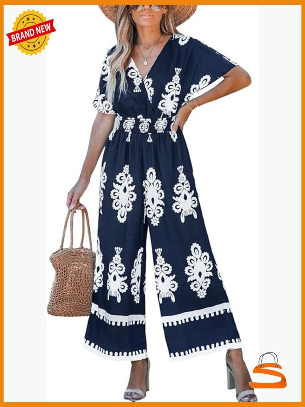 Women's Paisley Jumpsuit Summer Short Sleeve Smocked Wide Leg Pockets